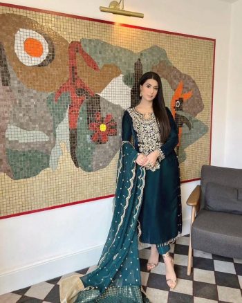 ATTRACTIVE VELVET EMBROIDERY  REAL MIRROR WORK TOP PALAZZ O WITH DUPATTA SEA GREEN