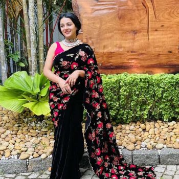 ATTRACTIVE VELVET SEQUENCE ENBROIDERY WORK SAREE WITH UNSTITCHED BLOUSE BLACK