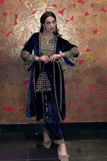 ATTRACTIVE VELVET SEQUENCE WORK TOP PALAZZO WITH DUPATTA  BLUE