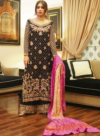 ATTRACTIVE VISCOSE VELVET EMBROIDERY RIVET MOTI WORK TOP PALAZZO WITH DUPATTA BLACK