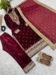 ATTRACTIVE VISCOSE VELVET EMBROIDERY SEQUENCE MOTI WORK TOP BOTTOM WITH DUPATTA FESTIVAL WEAR WHOLESALE PRICE ETHNICGARMENT (24)