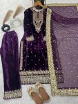 ATTRACTIVE VISCOSE VELVET EMBROIDERY SEQUENCE MOTI WORK TOP BOTTOM WITH DUPATTA FESTIVAL WEAR WHOLESALE PRICE ETHNICGARMENT (27)