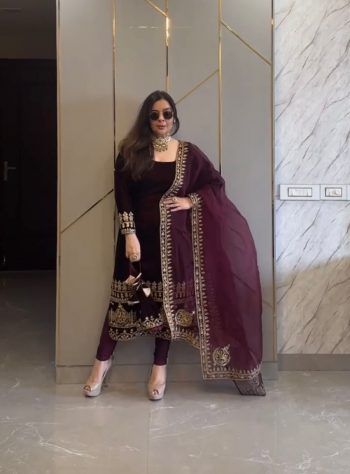 ATTRACTIVE VISCOSE VELVET EMBROIDERY SEQUENCE  WORK TOP BOTTOM WITH DUPATTA MAROON