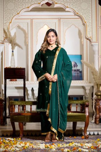 ATTRACTIVE VISCOSE VELVET SEQUENCE ZARI THREAD EMBROIDERY BUTTI WORK TOP BOTTOM WITH DUPATTA GREEN