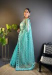 DESIGNER BUTTERFLY NET EMBROIDERY FOIL THREAD STONE WORK SAREE WITH UNSTITCHED BLOUSE SKY