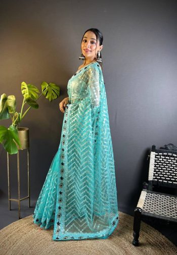 DESIGNER BUTTERFLY NET EMBROIDERY FOIL THREAD STONE WORK SAREE WITH UNSTITCHED BLOUSE SKY