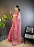 DESIGNER BUTTERFLY NET EMBROIDERY FOIL THREAD STONE WORK SAREE WITH UNSTITCHED BLOUSE PINK