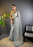 DESIGNER BUTTERFLY NET EMBROIDERY FOIL THREAD STONE WORK SAREE WITH UNSTITCHED BLOUSE GREY