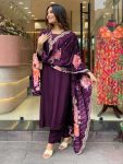 DESIGNER CHANDERI SILK EMBROIDERY WORK TOP BOTTOM WITH PRINTED DUPATTA WINE