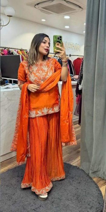 DESIGNER CHINON SILK EMBROIDERY CODING SEQUENCE WORK TOP PALAZZO WITH DUPATTA ORANGE