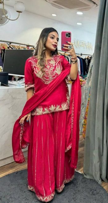 DESIGNER CHINON SILK EMBROIDERY CODING SEQUENCE WORK TOP PALAZZO WITH DUPATTA PINK