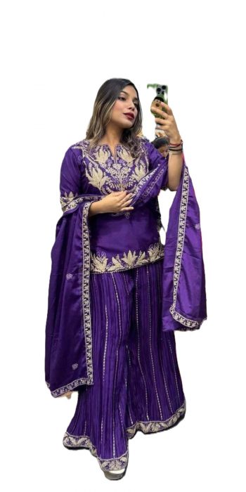 DESIGNER CHINON SILK EMBROIDERY CODING SEQUENCE WORK TOP PALAZZO WITH DUPATTA PURPLE