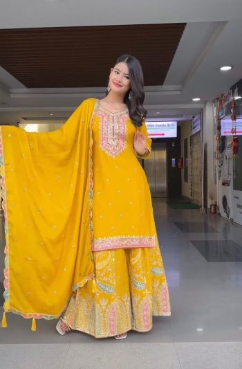 DESIGNER CHINON THREAD EMBROIDERY SEQUENCE WORK TOP PALAZZO WITH DUPATTA YELLOW
