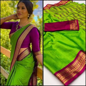 DESIGNER COTTON SILK ZARI WEAVING WORK SAREE WITH UNSTITCHED   BLOUSE PARROT GREEN