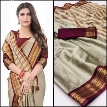 DESIGNER COTTON SILK ZARI WEAVING WORK SAREE WITH UNSTITCHED   BLOUSE GREY