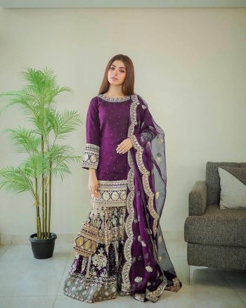 DESIGNER GEORGETTE  MIRROR DIAMOND EMBROIDERY WORK TOP SHARARA WITH DUPATTA WINE