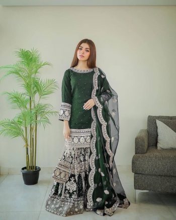 DESIGNER GEORGETTE  MIRROR DIAMOND EMBROIDERY WORK TOP SHARARA WITH DUPATTA GREEN