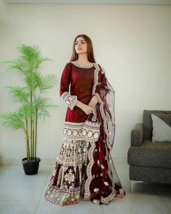 DESIGNER GEORGETTE  MIRROR DIAMOND EMBROIDERY WORK TOP SHARARA WITH DUPATTA RED