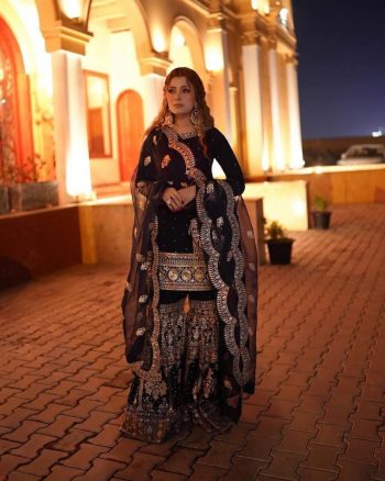 DESIGNER GEORGETTE  MIRROR DIAMOND EMBROIDERY WORK TOP SHARARA WITH DUPATTA BLACK