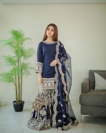 DESIGNER GEORGETTE  MIRROR DIAMOND EMBROIDERY WORK TOP SHARARA WITH DUPATTA NAVY BLUE