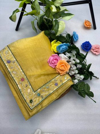 DESIGNER GOLD CRUNCHY THREAD SEQUENCE EMBROIDERY  WORK SAREE WITH  STITCHED BLOUSE YELLOW