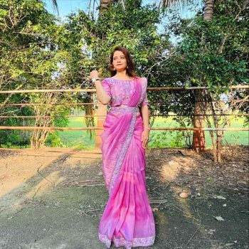 DESIGNER GOLD CRUNCHY THREAD SEQUENCE EMBROIDERY  WORK SAREE WITH  STITCHED BLOUSE PINK