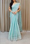 DESIGNER JIMMY CHOO EMBROIDERY THREAD SEQUENCE WORK SAREE WITH UNSTITCHED BLOUSE SKY