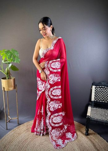 DESIGNER ORGANZA SILK THREAD EMBROIDERY CUT WORK SAREE WITH UNSTITCHED BLOUSE RED
