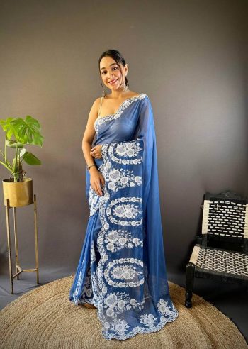 DESIGNER ORGANZA SILK THREAD EMBROIDERY CUT WORK SAREE WITH UNSTITCHED BLOUSE BLUE