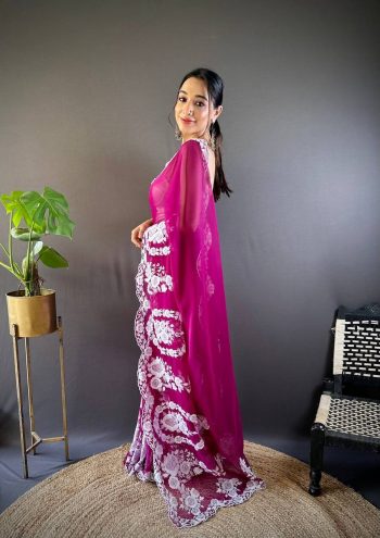 DESIGNER ORGANZA SILK THREAD EMBROIDERY CUT WORK SAREE WITH UNSTITCHED BLOUSE PINK