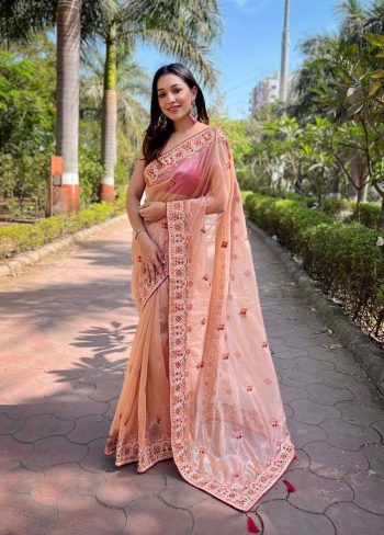 DESIGNER TWILL NET EMBROIDERY  THREAD WITH ZARI DORI DIAMOND WORK SAREE WITH UNSTITCHED BLOUSE PEACH