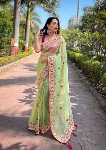 DESIGNER TWILL NET EMBROIDERY  THREAD WITH ZARI DORI DIAMOND WORK SAREE WITH UNSTITCHED BLOUSE SEA GREEN