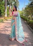DESIGNER TWILL NET EMBROIDERY  THREAD WITH ZARI DORI DIAMOND WORK SAREE WITH UNSTITCHED BLOUSE SKY