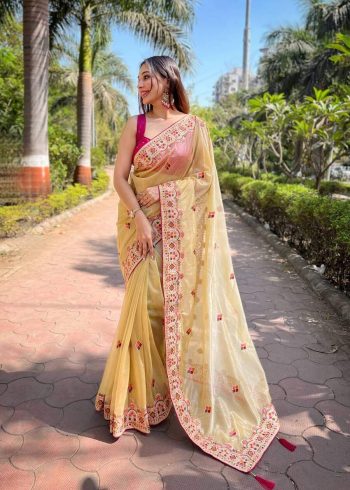 DESIGNER TWILL NET EMBROIDERY  THREAD WITH ZARI DORI DIAMOND WORK SAREE WITH UNSTITCHED BLOUSE OFF WHITE