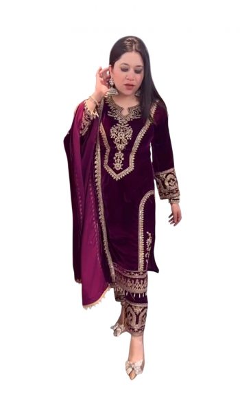 DESIGNER VISCOSE VELVET EMBROIDERY SEQUENCE CODING DORI WORK TOP BOTTOM WITH DUPATTA WINE
