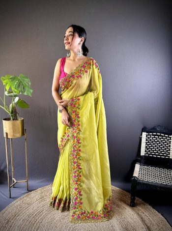 FANCVY GOLD CRUNCHY THREAD EMBROIDERY  CUT WORK SAREE WITH UNSTITCHED BLOUSE YELLOW