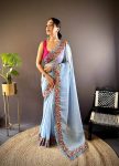 FANCVY GOLD CRUNCHY THREAD EMBROIDERY  CUT WORK SAREE WITH UNSTITCHED BLOUSE SKY
