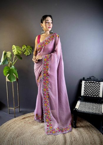 FANCVY GOLD CRUNCHY THREAD EMBROIDERY  CUT WORK SAREE WITH UNSTITCHED BLOUSE PINK