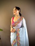 FANCVY GOLD CRUNCHY THREAD EMBROIDERY CUT WORK SAREE WITH UNSTITCHED BLOUSE PARTY WHOLESALE PRICE ETHNIC GARMENT (5)