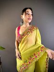 FANCVY GOLD CRUNCHY THREAD EMBROIDERY CUT WORK SAREE WITH UNSTITCHED BLOUSE PARTY WHOLESALE PRICE ETHNIC GARMENT (12)