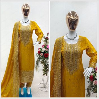FANCY CHINON SEQUENCE EMBROIDERY WORK TOP BOTTOM WITH DUPATTA YELLOW