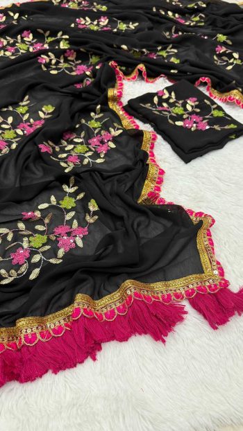 FANCY GEORGETTE EMBROIDERY SEQUENCE LACE BORDER WORK SAREE WITH UNSTITCHED BLOUSE BLACK
