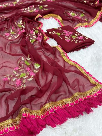 FANCY GEORGETTE EMBROIDERY SEQUENCE LACE BORDER WORK SAREE WITH UNSTITCHED BLOUSE MAROON