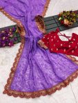 FANCY GEORGETTE THREAD CHICKENKARI EMBROIDERY WORK SAREE WITH STITCHED BLOUSE LAVENDER