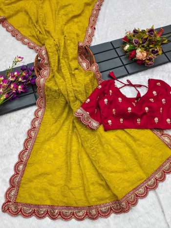 FANCY GEORGETTE THREAD CHICKENKARI EMBROIDERY WORK SAREE WITH STITCHED BLOUSE YELLOW