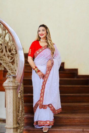 FANCY GEORGETTE THREAD CHICKENKARI EMBROIDERY WORK SAREE WITH STITCHED BLOUSE WHITE