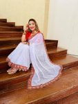 FANCY GEORGETTE THREAD CHICKENKARI EMBROIDERY WORK SAREE WITH STITCHED BLOUSE FESTIVAL WEAR WHOLESALE PRICE ETHNIC GARMENT 4 (5)
