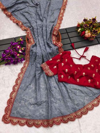FANCY GEORGETTE THREAD CHICKENKARI EMBROIDERY WORK SAREE WITH STITCHED BLOUSE GREY