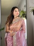 FANCY TISSUE SILK EMBROIDERY SEQUENCE MIRROR MOTI LACE BORDER WORK SAREE WITH UNSTITCHED BLOUSE PARTY WHOLESALE PRICE ETHNIC GARMENT (12)