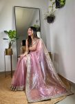 FANCY TISSUE SILK EMBROIDERY SEQUENCE MIRROR MOTI LACE BORDER WORK SAREE WITH UNSTITCHED BLOUSE PARTY WHOLESALE PRICE ETHNIC GARMENT (12)